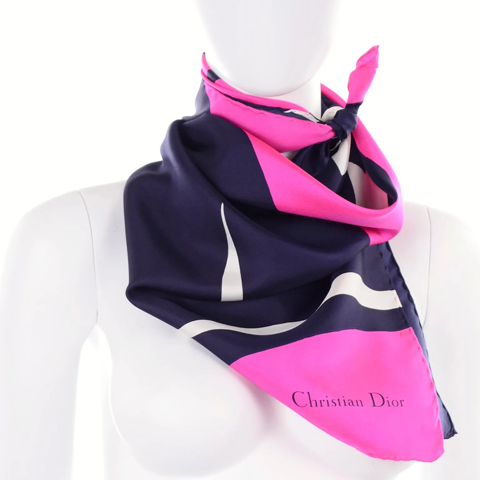 1980s Christian Dior Hot Pink & Navy Blue Silk Floral Scarf