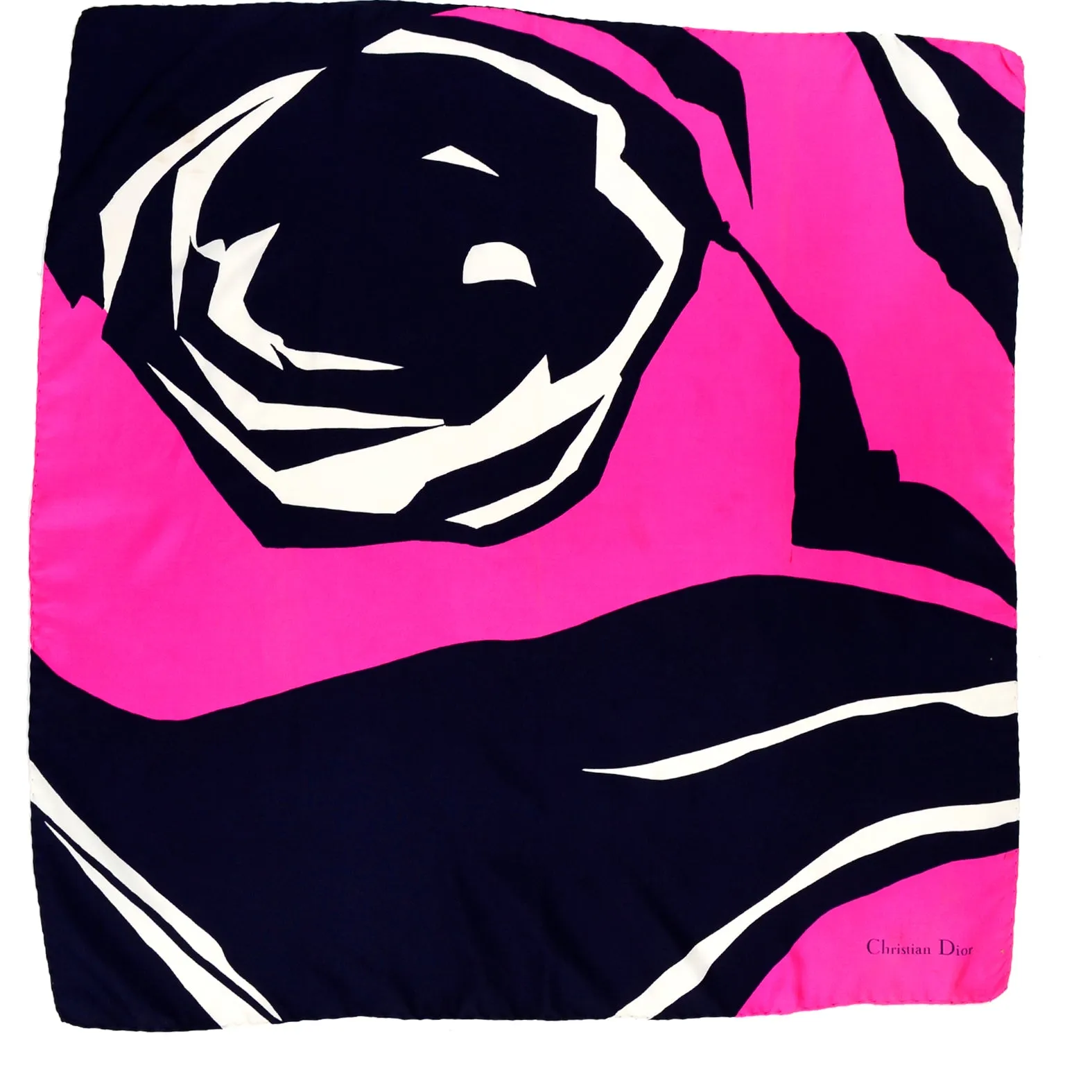 1980s Christian Dior Hot Pink & Navy Blue Silk Floral Scarf