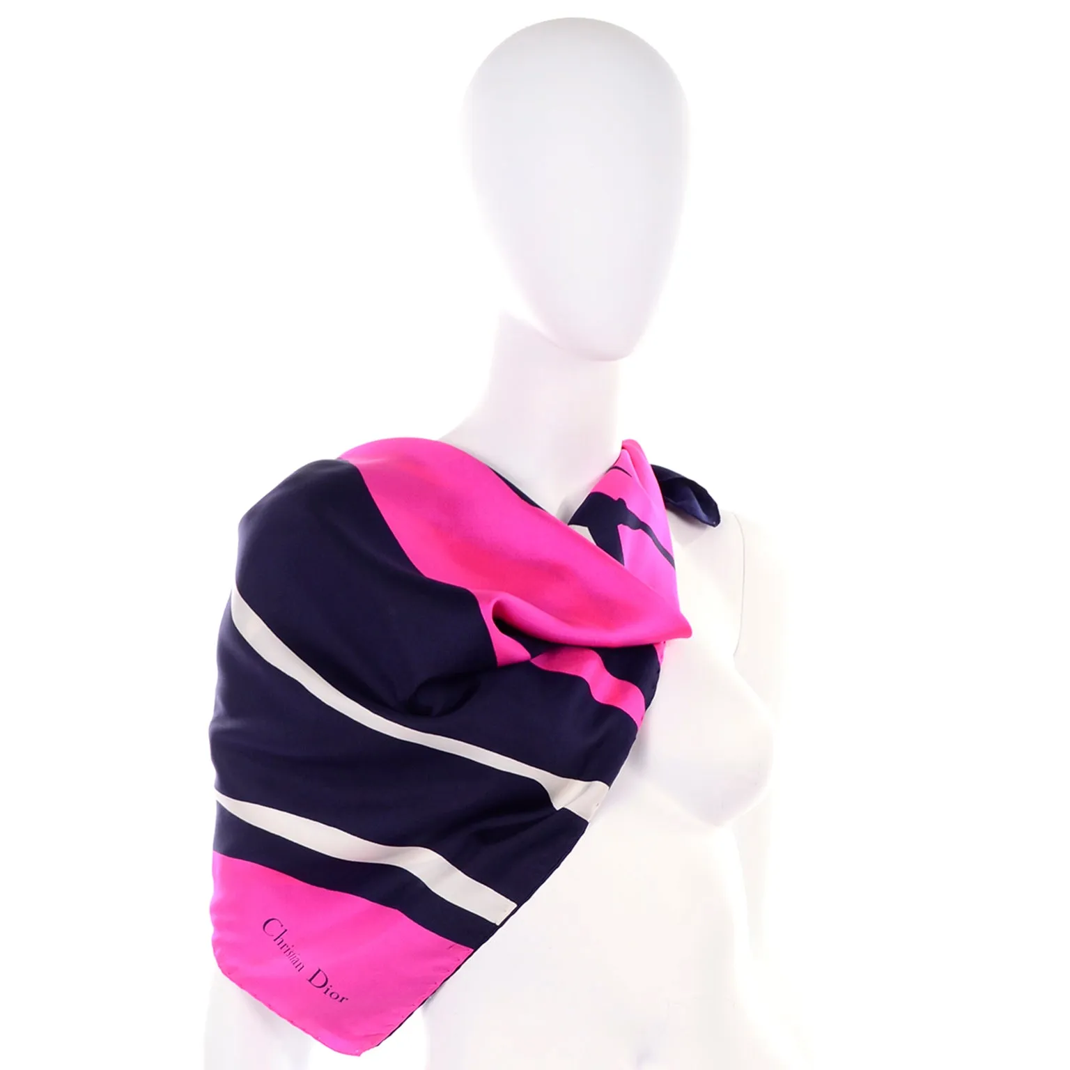 1980s Christian Dior Hot Pink & Navy Blue Silk Floral Scarf