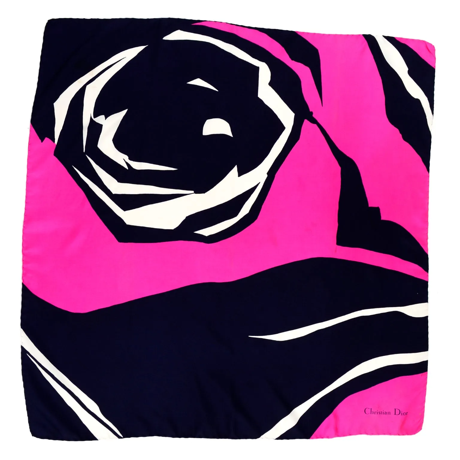 1980s Christian Dior Hot Pink & Navy Blue Silk Floral Scarf