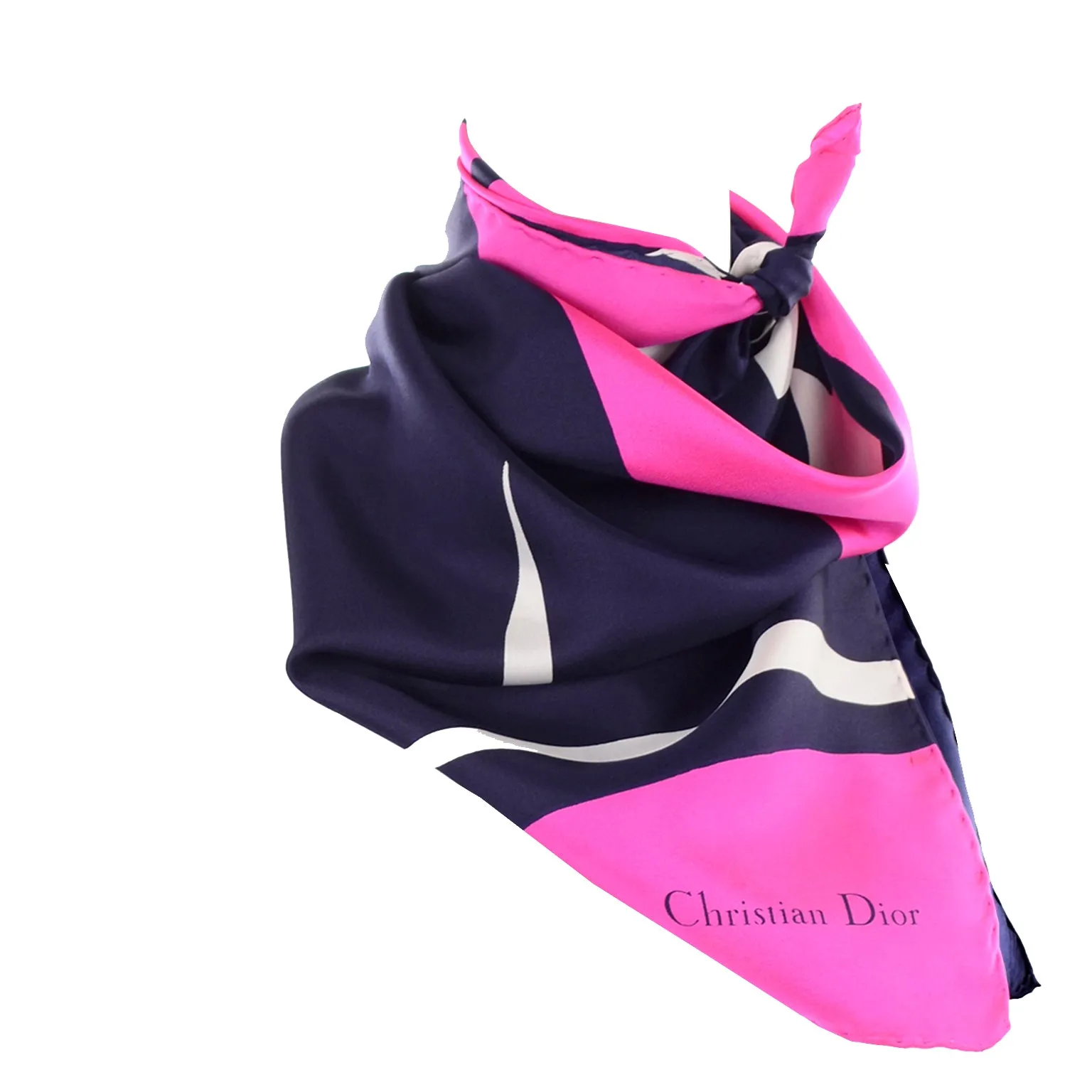 1980s Christian Dior Hot Pink & Navy Blue Silk Floral Scarf