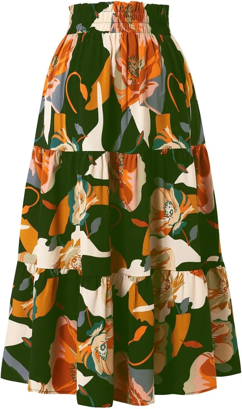 ADHOWBEW Summer Skirts for Women 2025 Pleated Casual Elastic Waist Smocked Boho Floral Trendy Vacation Sexy Flowy Skirt