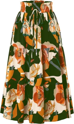 ADHOWBEW Summer Skirts for Women 2025 Pleated Casual Elastic Waist Smocked Boho Floral Trendy Vacation Sexy Flowy Skirt
