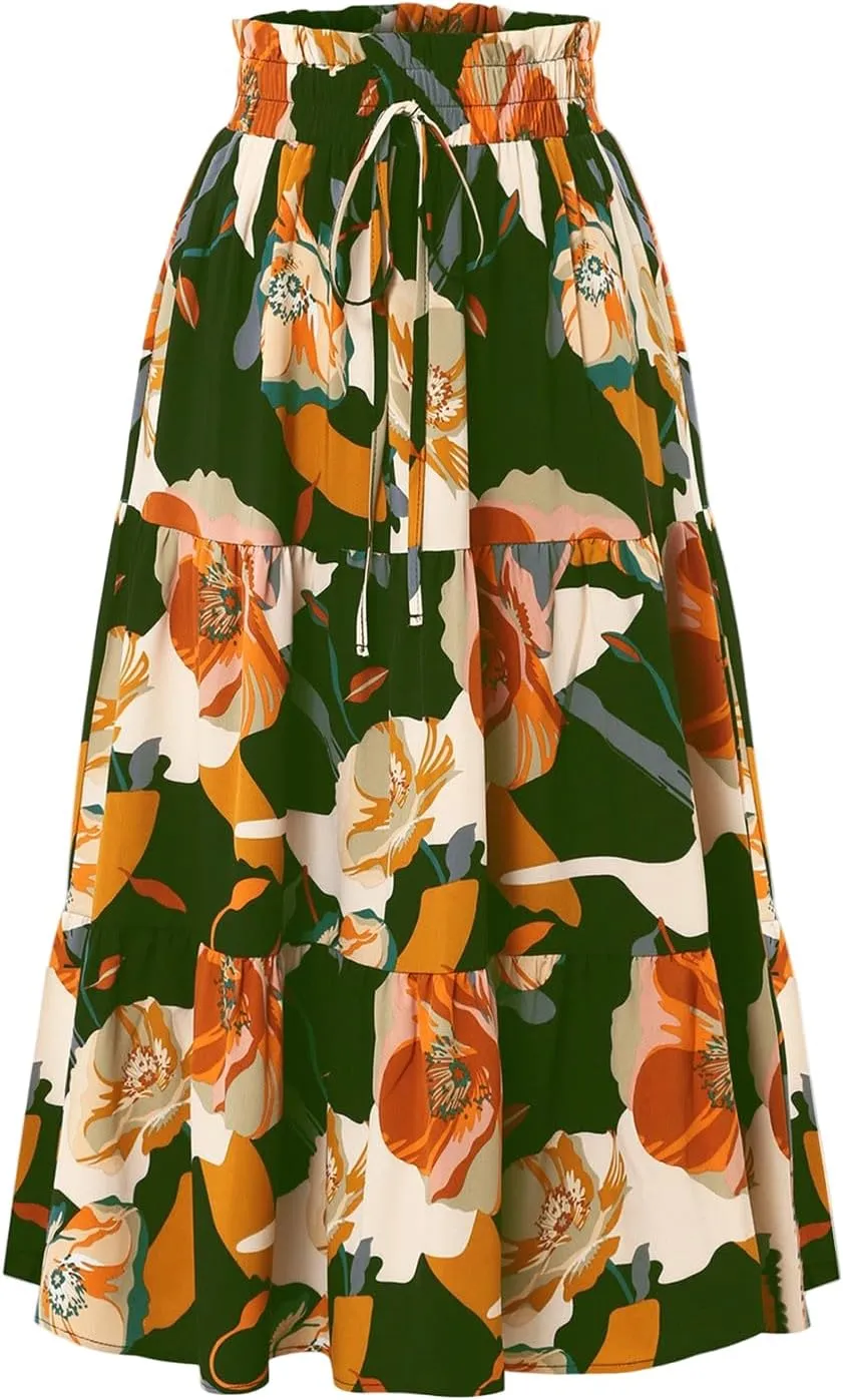 ADHOWBEW Summer Skirts for Women 2025 Pleated Casual Elastic Waist Smocked Boho Floral Trendy Vacation Sexy Flowy Skirt