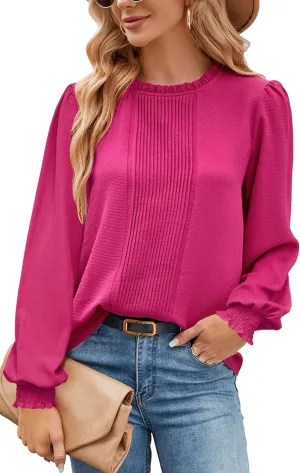 Aifer Womens Frill Mock Neck Puff Long Sleeve Blouses Dressy Pleated Front Work Shirts Business Casual Spring Tops