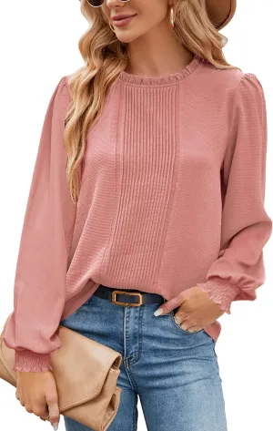 Aifer Womens Frill Mock Neck Puff Long Sleeve Blouses Dressy Pleated Front Work Shirts Business Casual Spring Tops