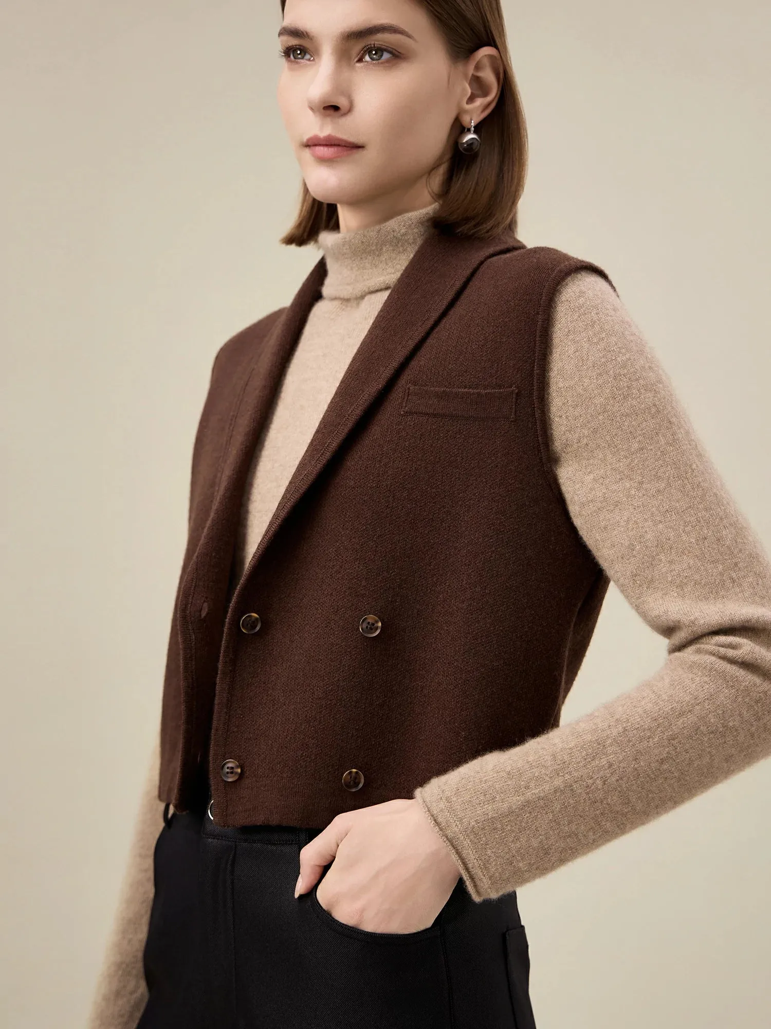 Amoretu 100% Wool Double Breasted Sleeveless Knit Vest
