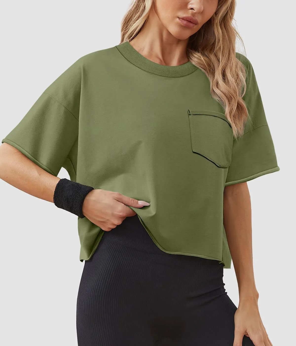ATHMILE Womens Oversized T-Shirts Short Sleeve Workout Crop Tops Casual Drop Shoulder Boxy Roll Hem Basic Loose Tees