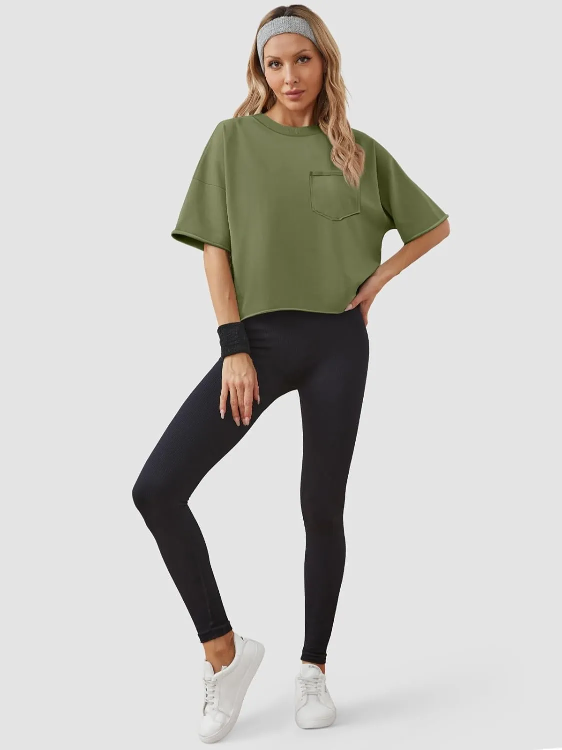 ATHMILE Womens Oversized T-Shirts Short Sleeve Workout Crop Tops Casual Drop Shoulder Boxy Roll Hem Basic Loose Tees