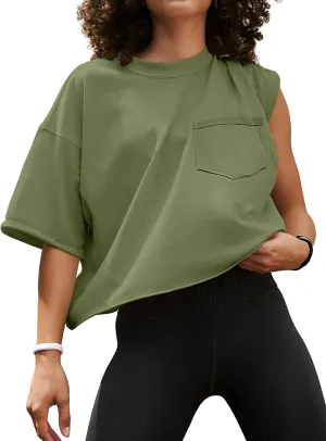 ATHMILE Womens Oversized T-Shirts Short Sleeve Workout Crop Tops Casual Drop Shoulder Boxy Roll Hem Basic Loose Tees