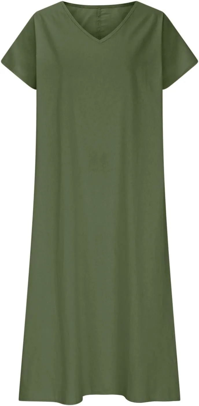 Beach Dresses for Women 2025 Vacation Flowy Short Sleeve V-Neck Summer Cotton Linen Casual Cruise Maxi Sundress