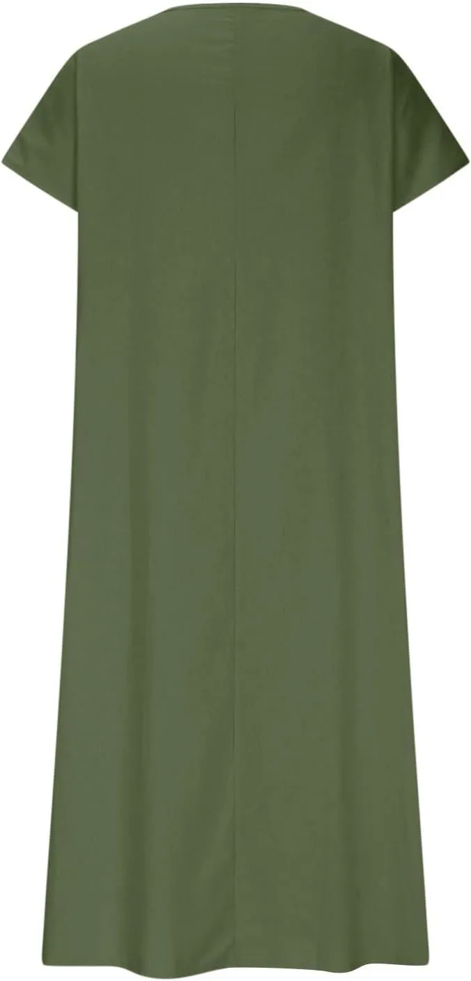 Beach Dresses for Women 2025 Vacation Flowy Short Sleeve V-Neck Summer Cotton Linen Casual Cruise Maxi Sundress