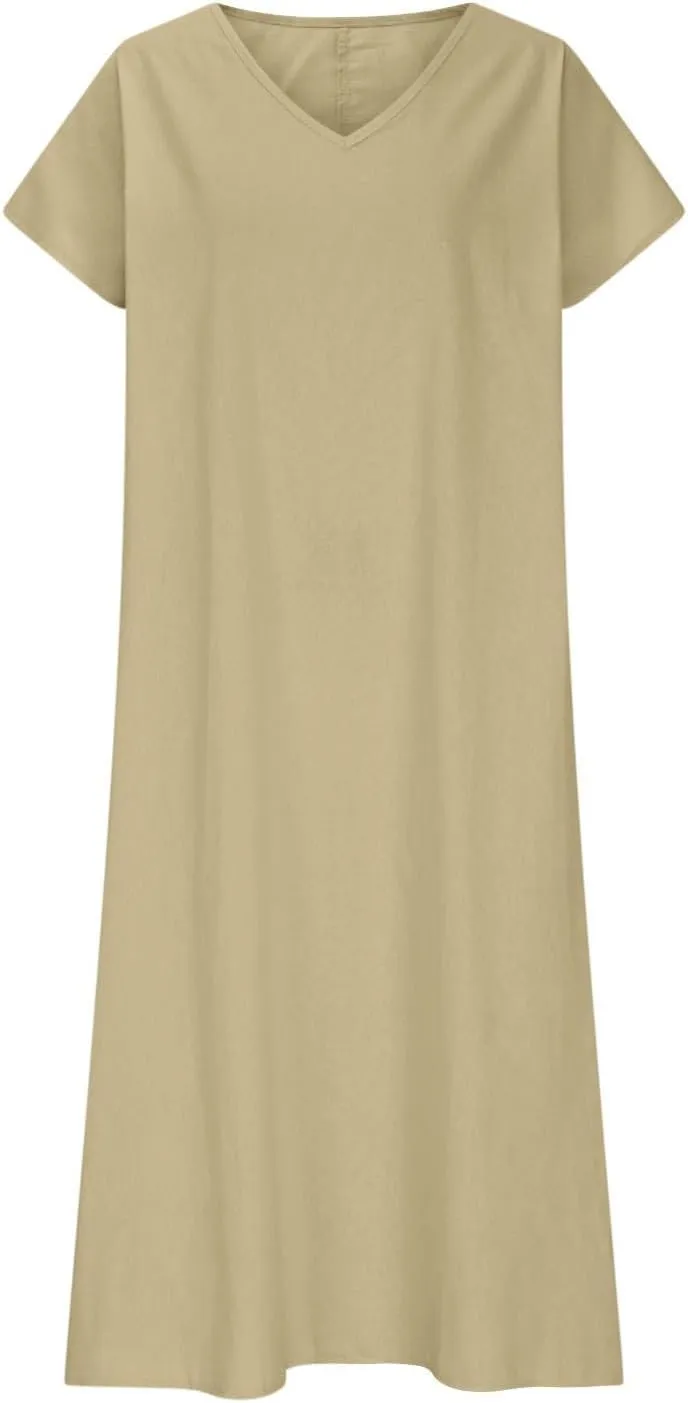Beach Dresses for Women 2025 Vacation Flowy Short Sleeve V-Neck Summer Cotton Linen Casual Cruise Maxi Sundress