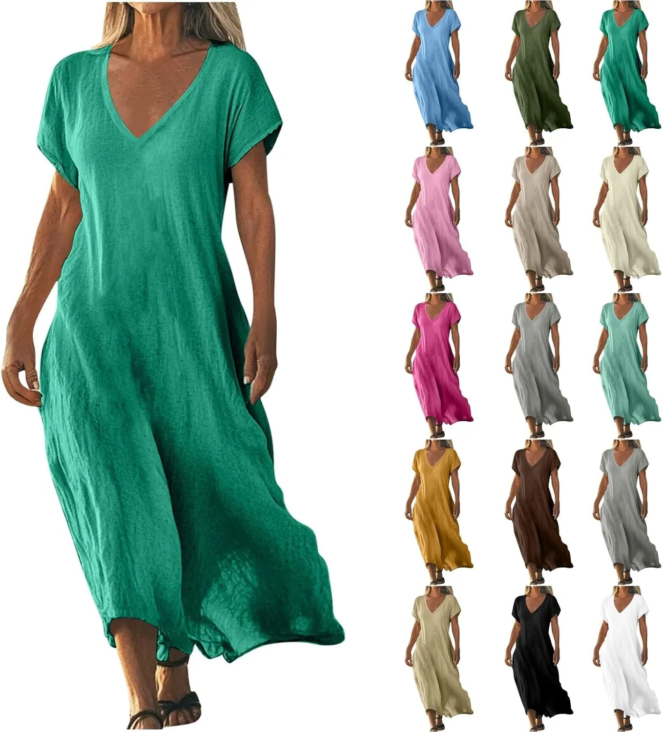 Beach Dresses for Women 2025 Vacation Flowy Short Sleeve V-Neck Summer Cotton Linen Casual Cruise Maxi Sundress