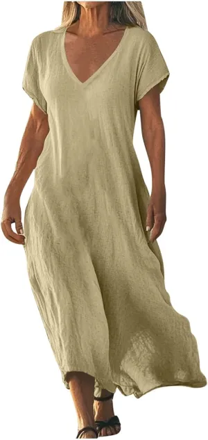 Beach Dresses for Women 2025 Vacation Flowy Short Sleeve V-Neck Summer Cotton Linen Casual Cruise Maxi Sundress