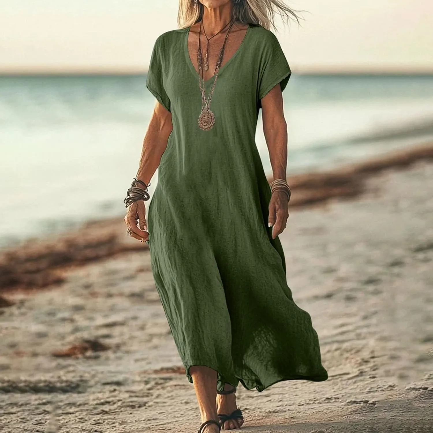 Beach Dresses for Women 2025 Vacation Flowy Short Sleeve V-Neck Summer Cotton Linen Casual Cruise Maxi Sundress