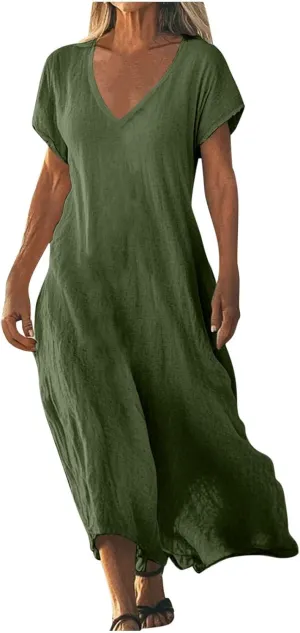Beach Dresses for Women 2025 Vacation Flowy Short Sleeve V-Neck Summer Cotton Linen Casual Cruise Maxi Sundress