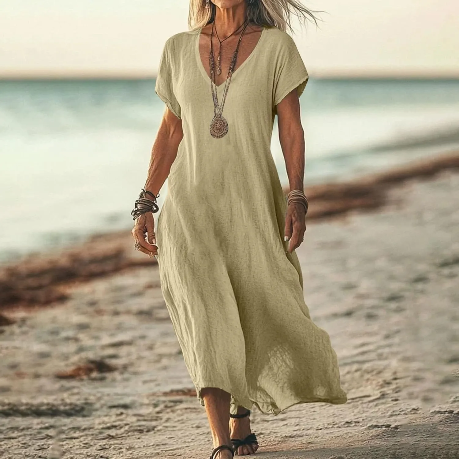 Beach Dresses for Women 2025 Vacation Flowy Short Sleeve V-Neck Summer Cotton Linen Casual Cruise Maxi Sundress