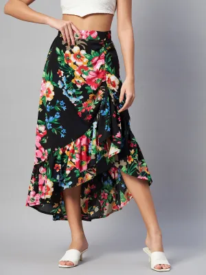 Black & Pink Floral Printed Maxi Flared Skirt