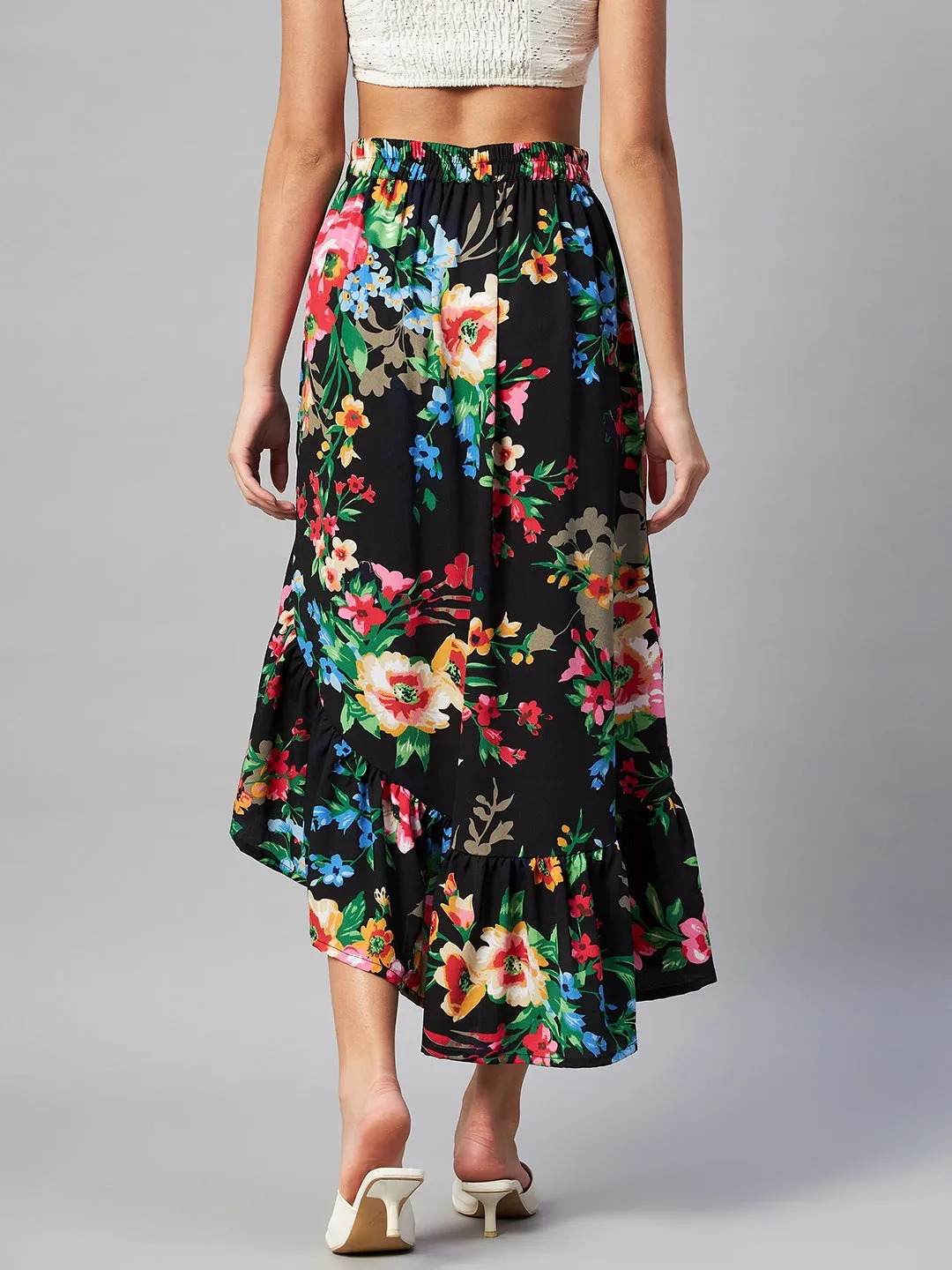 Black & Pink Floral Printed Maxi Flared Skirt