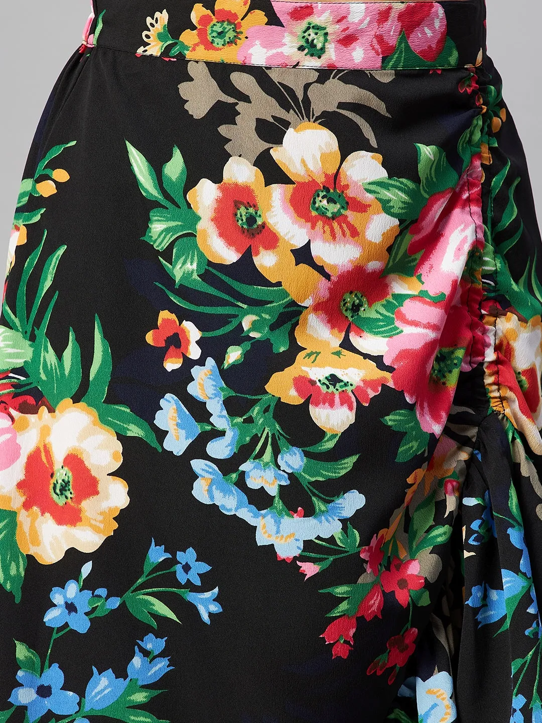 Black & Pink Floral Printed Maxi Flared Skirt