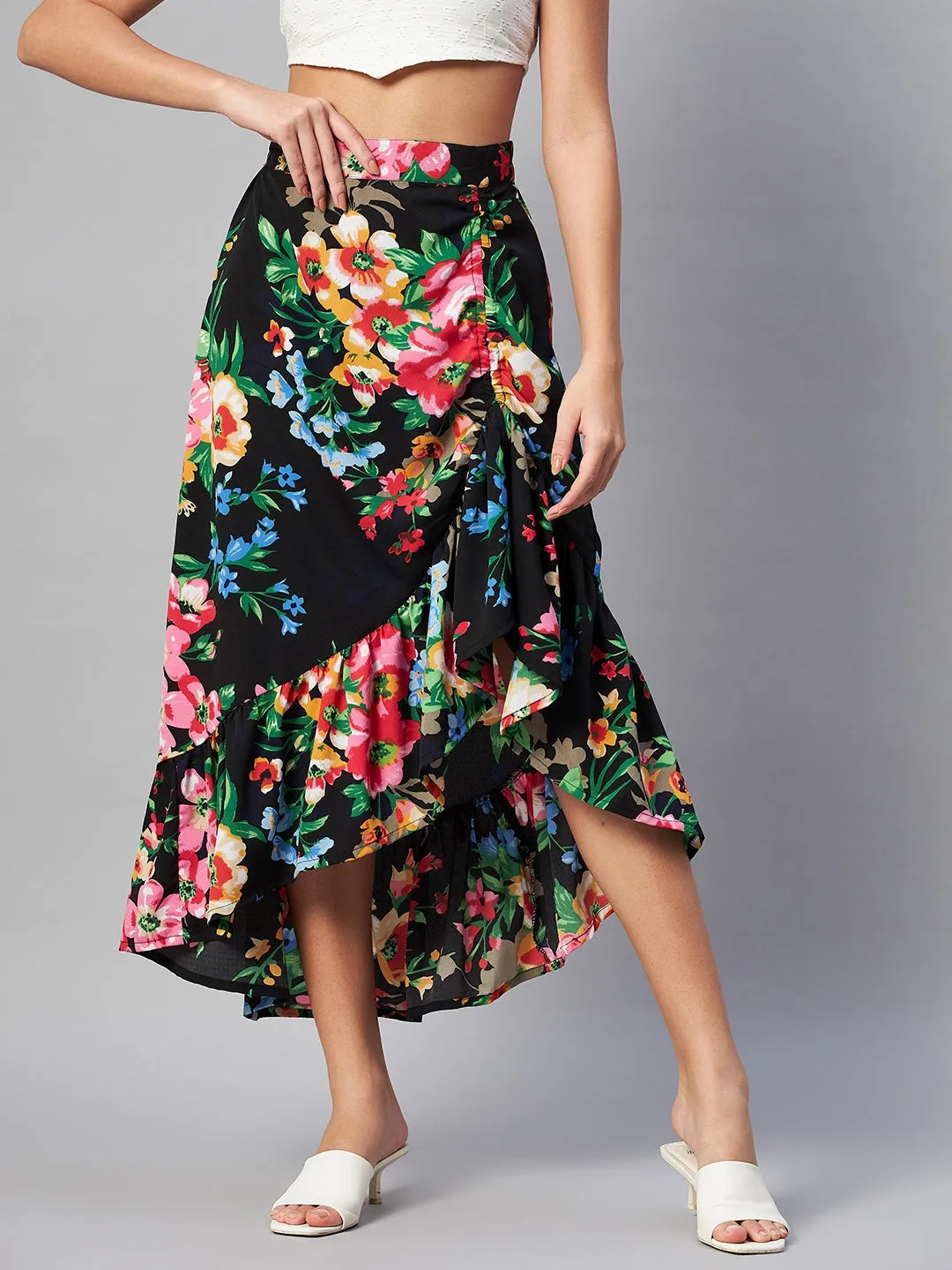 Black & Pink Floral Printed Maxi Flared Skirt