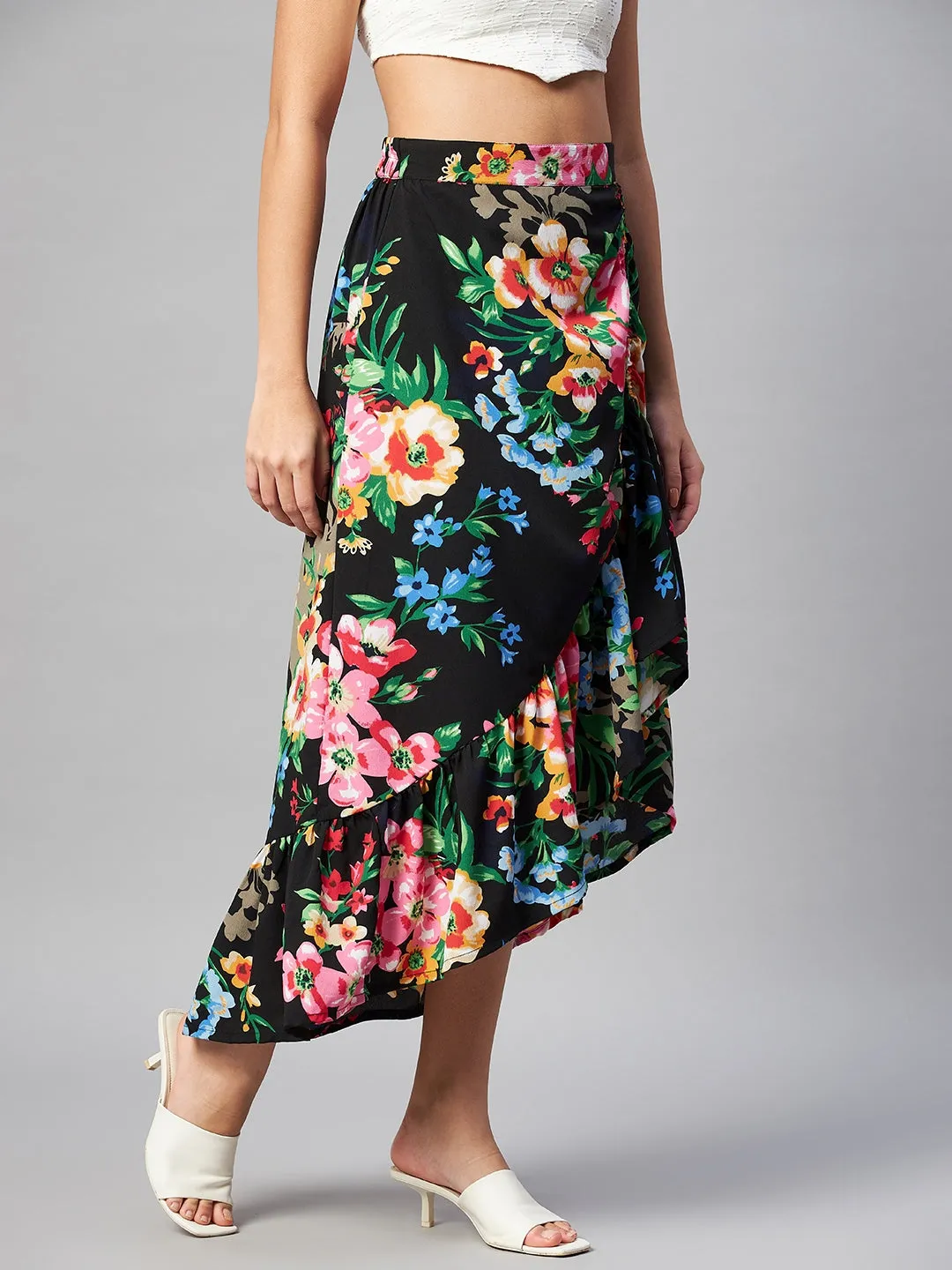 Black & Pink Floral Printed Maxi Flared Skirt