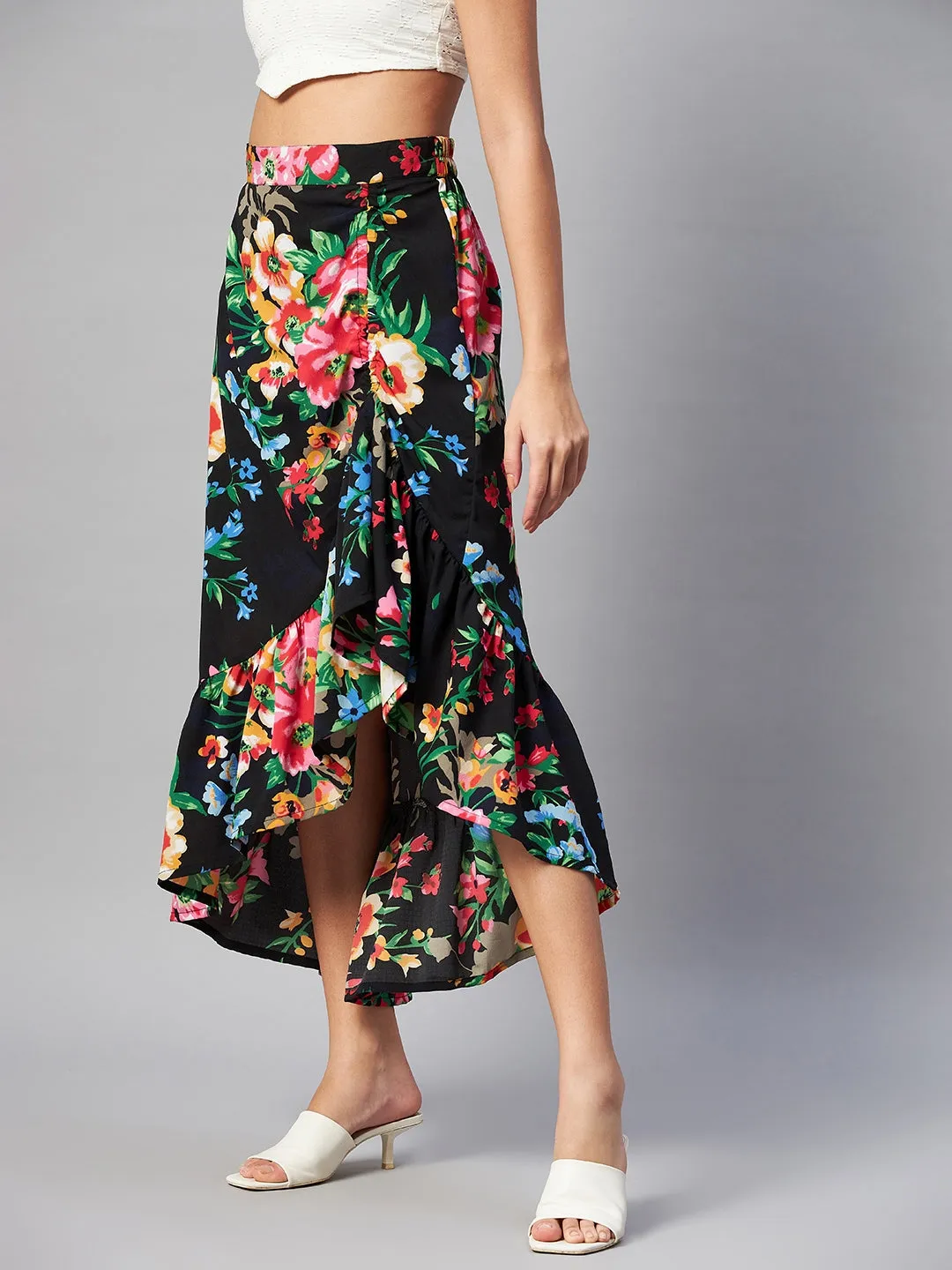 Black & Pink Floral Printed Maxi Flared Skirt
