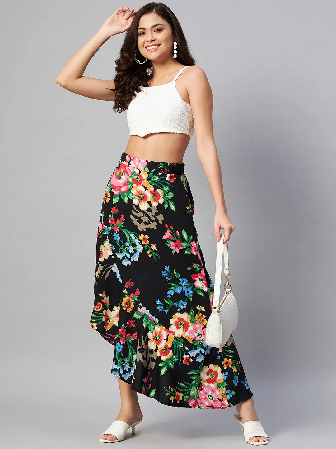 Black & Pink Floral Printed Maxi Flared Skirt