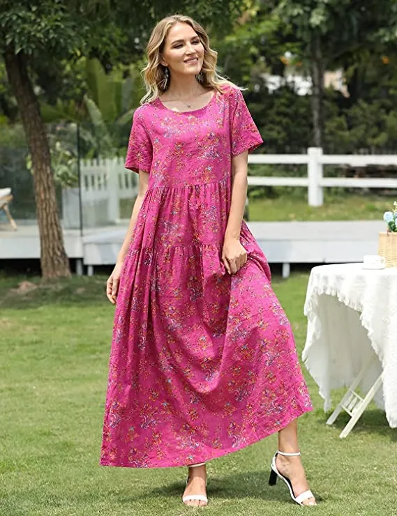 Blue White Dresses Casual Plus Size Bohemian Short Sleeve Floral Long Maxi Summer Beach Swing Dress/Pockets - YESNO
