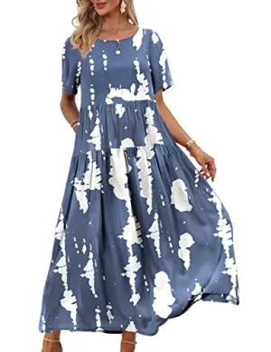 Blue White Dresses Casual Plus Size Bohemian Short Sleeve Floral Long Maxi Summer Beach Swing Dress/Pockets - YESNO