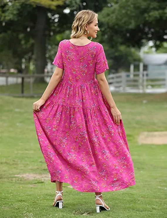 Blue White Dresses Casual Plus Size Bohemian Short Sleeve Floral Long Maxi Summer Beach Swing Dress/Pockets - YESNO