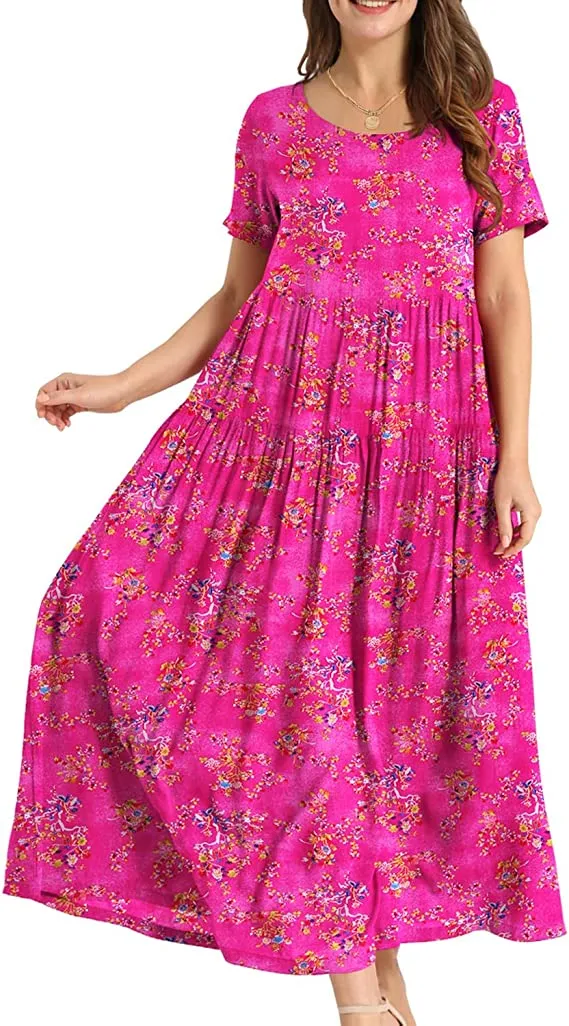 Blue White Dresses Casual Plus Size Bohemian Short Sleeve Floral Long Maxi Summer Beach Swing Dress/Pockets - YESNO