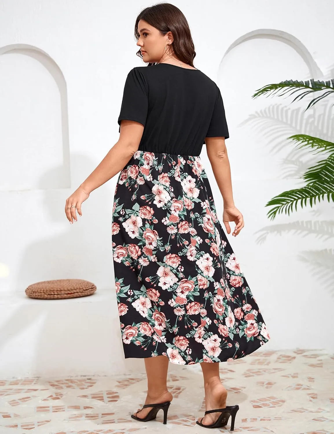 BLUEMING Women's Casual Plus Size Summer Dresses V Neck Short Sleeve Floral A-Line Swing Midi Dress
