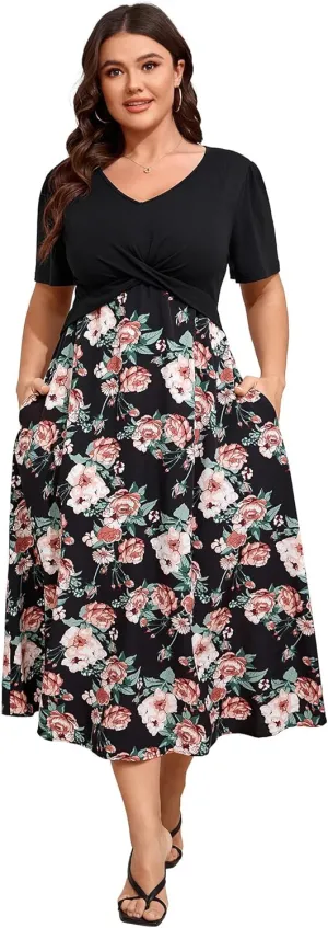BLUEMING Women's Casual Plus Size Summer Dresses V Neck Short Sleeve Floral A-Line Swing Midi Dress