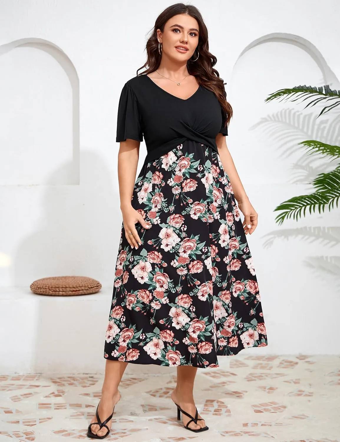 BLUEMING Women's Casual Plus Size Summer Dresses V Neck Short Sleeve Floral A-Line Swing Midi Dress