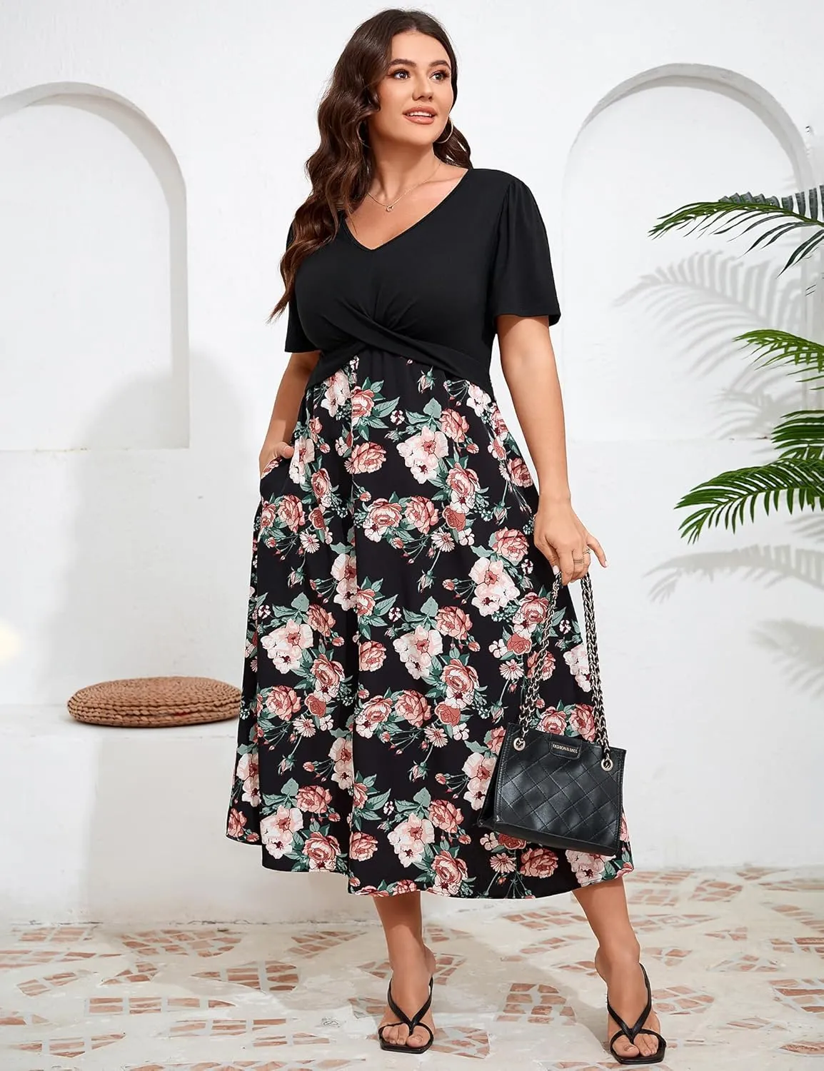 BLUEMING Women's Casual Plus Size Summer Dresses V Neck Short Sleeve Floral A-Line Swing Midi Dress