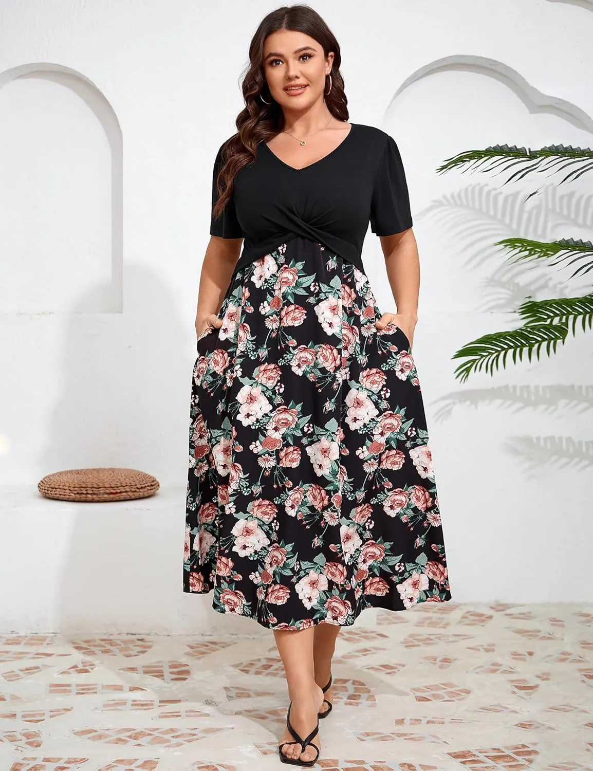 BLUEMING Women's Casual Plus Size Summer Dresses V Neck Short Sleeve Floral A-Line Swing Midi Dress
