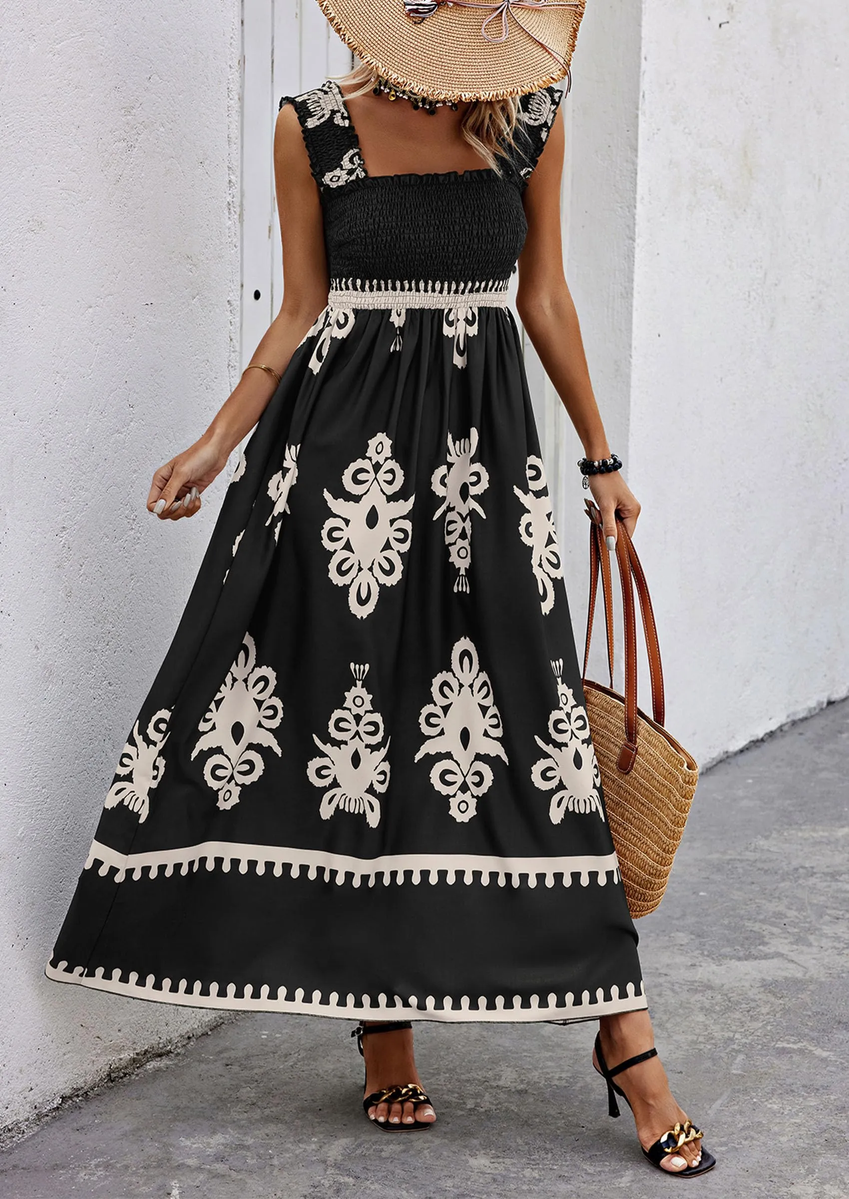 Boho Casual Sleeveless Square Neck Floral A Line Smocked Beach Maxi Dress with Pockets