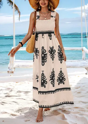 Boho Casual Sleeveless Square Neck Floral A Line Smocked Beach Maxi Dress with Pockets