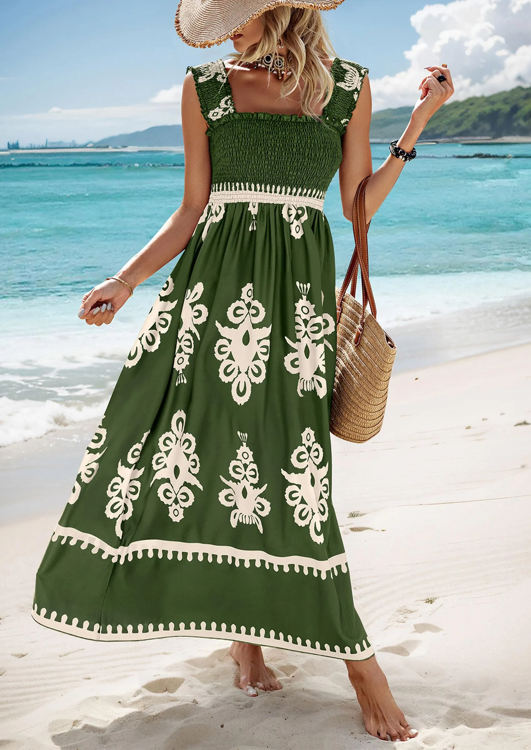 Boho Casual Sleeveless Square Neck Floral A Line Smocked Beach Maxi Dress with Pockets