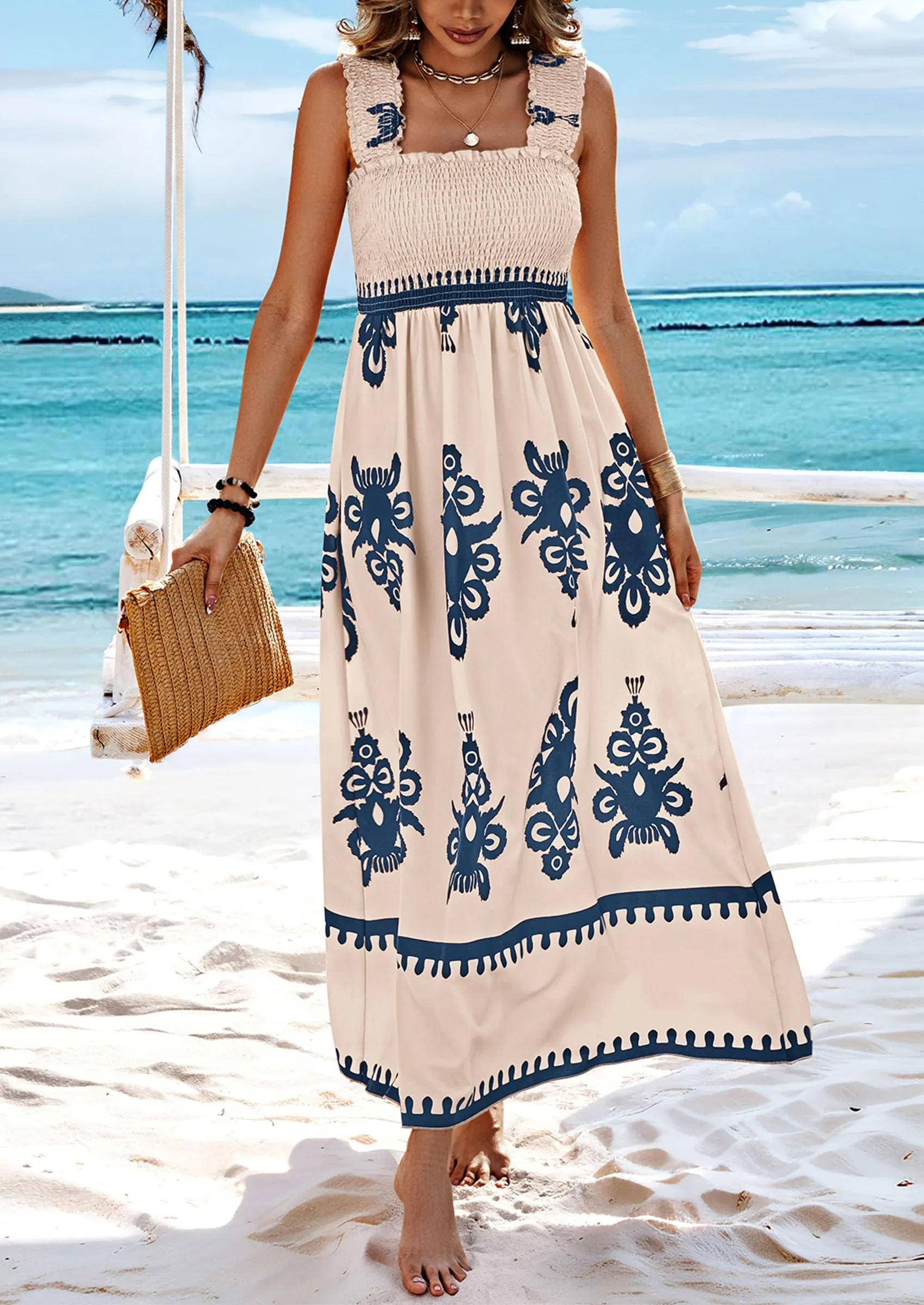 Boho Casual Sleeveless Square Neck Floral A Line Smocked Beach Maxi Dress with Pockets