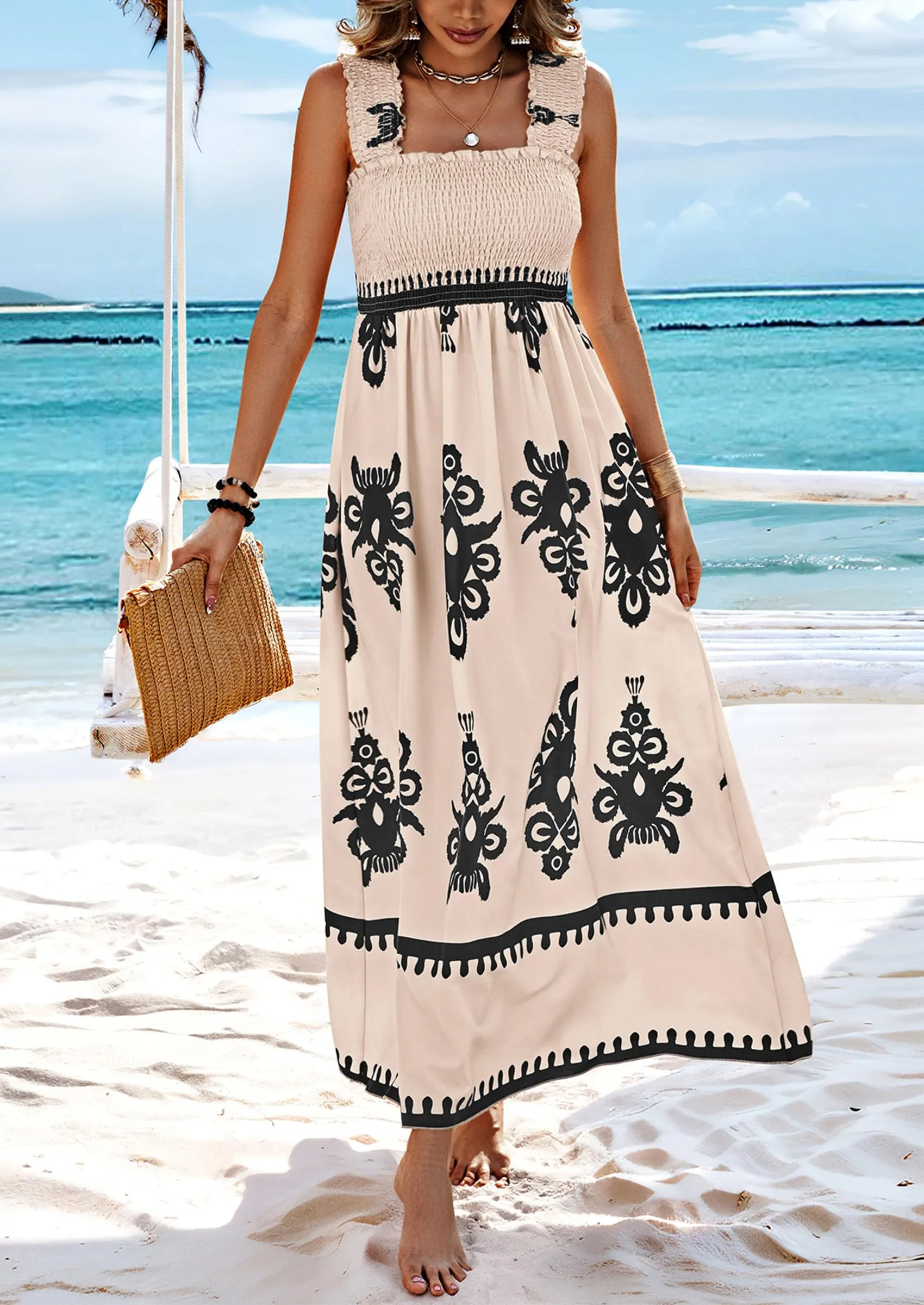 Boho Casual Sleeveless Square Neck Floral A Line Smocked Beach Maxi Dress with Pockets