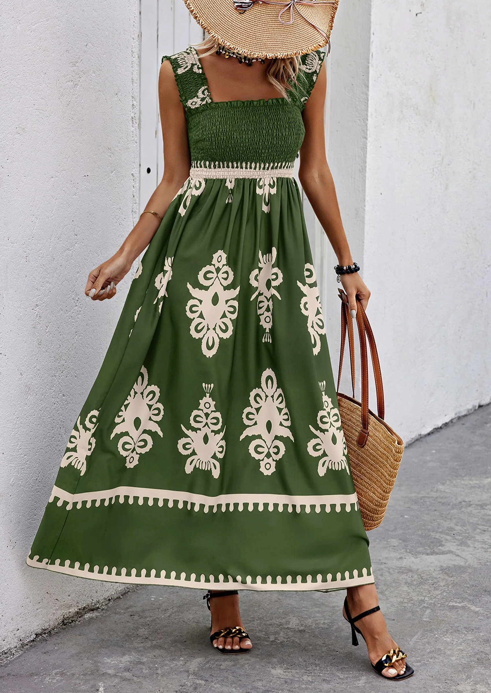 Boho Casual Sleeveless Square Neck Floral A Line Smocked Beach Maxi Dress with Pockets