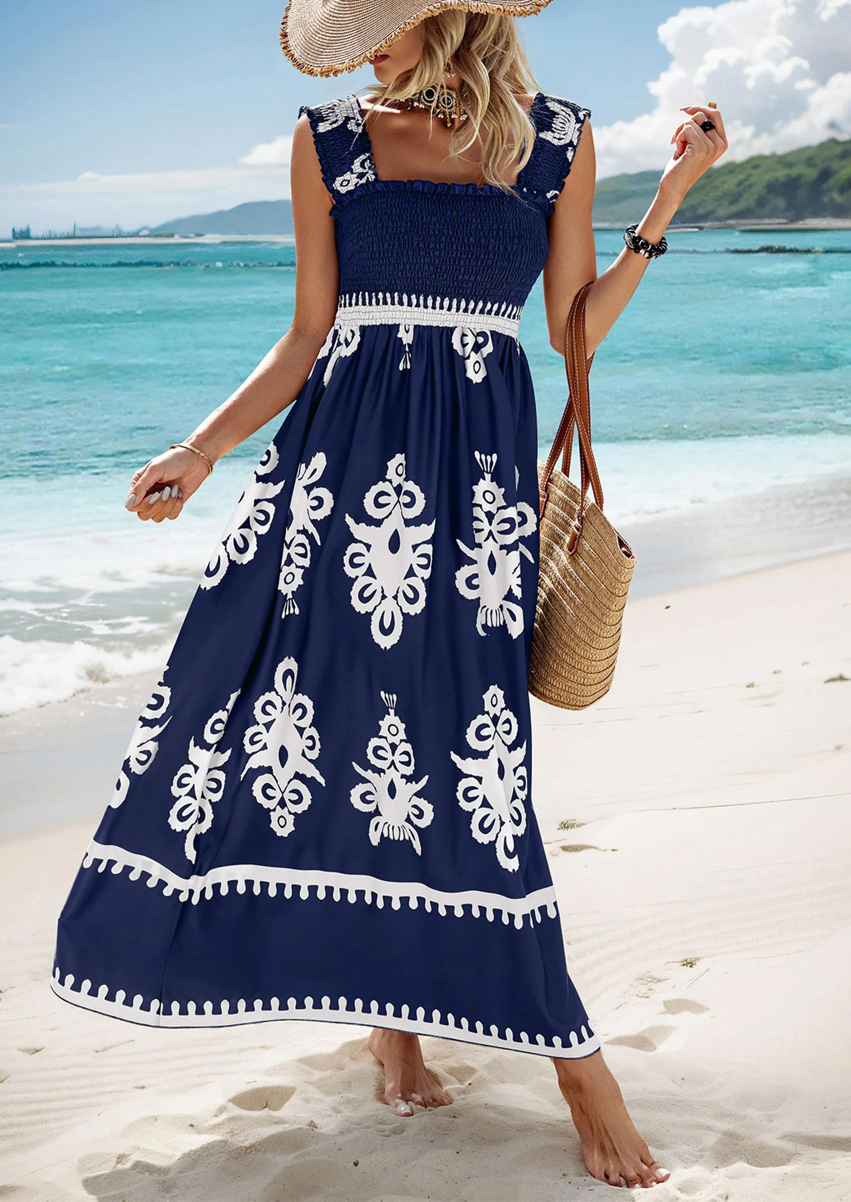 Boho Casual Sleeveless Square Neck Floral A Line Smocked Beach Maxi Dress with Pockets