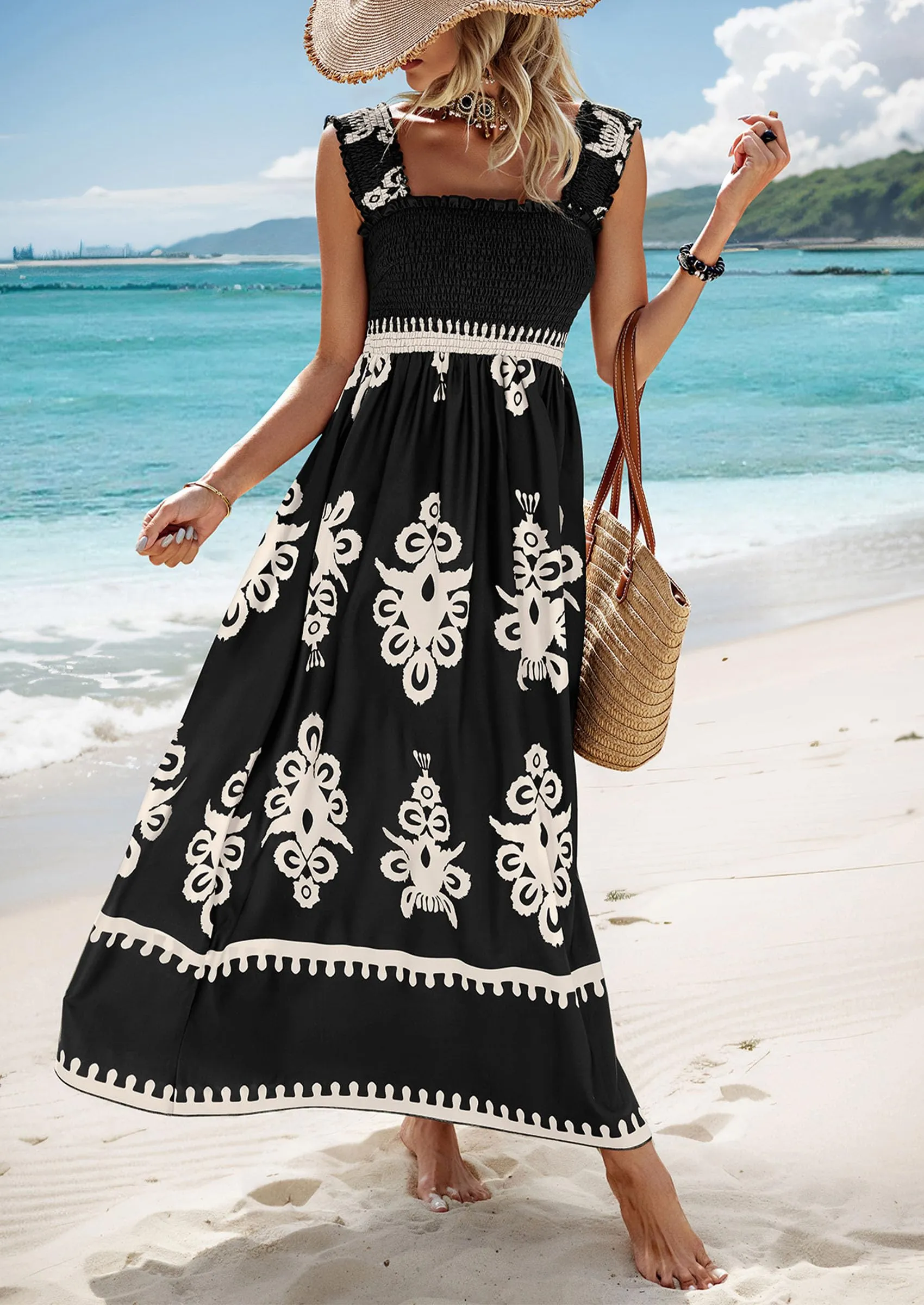Boho Casual Sleeveless Square Neck Floral A Line Smocked Beach Maxi Dress with Pockets