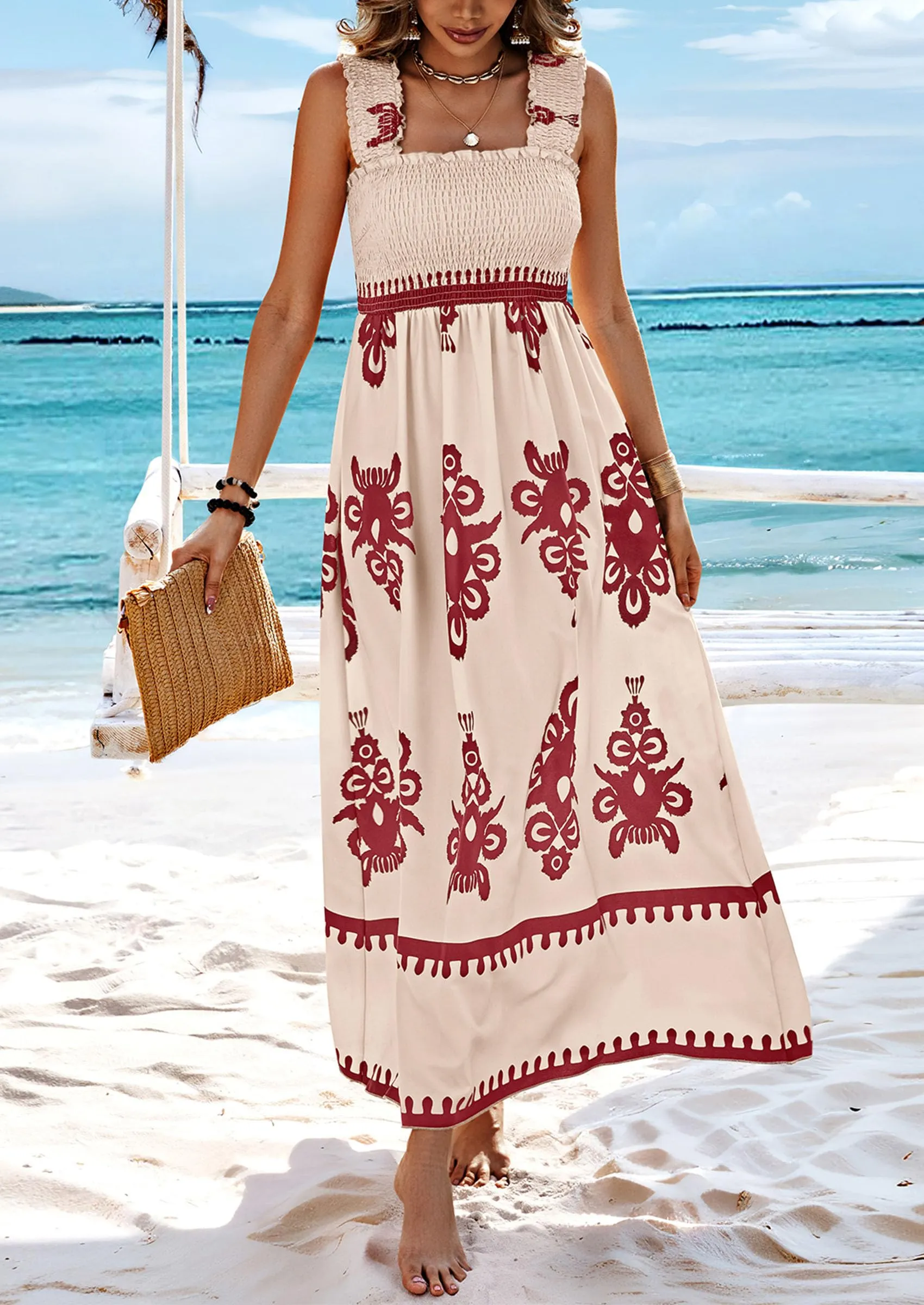 Boho Casual Sleeveless Square Neck Floral A Line Smocked Beach Maxi Dress with Pockets