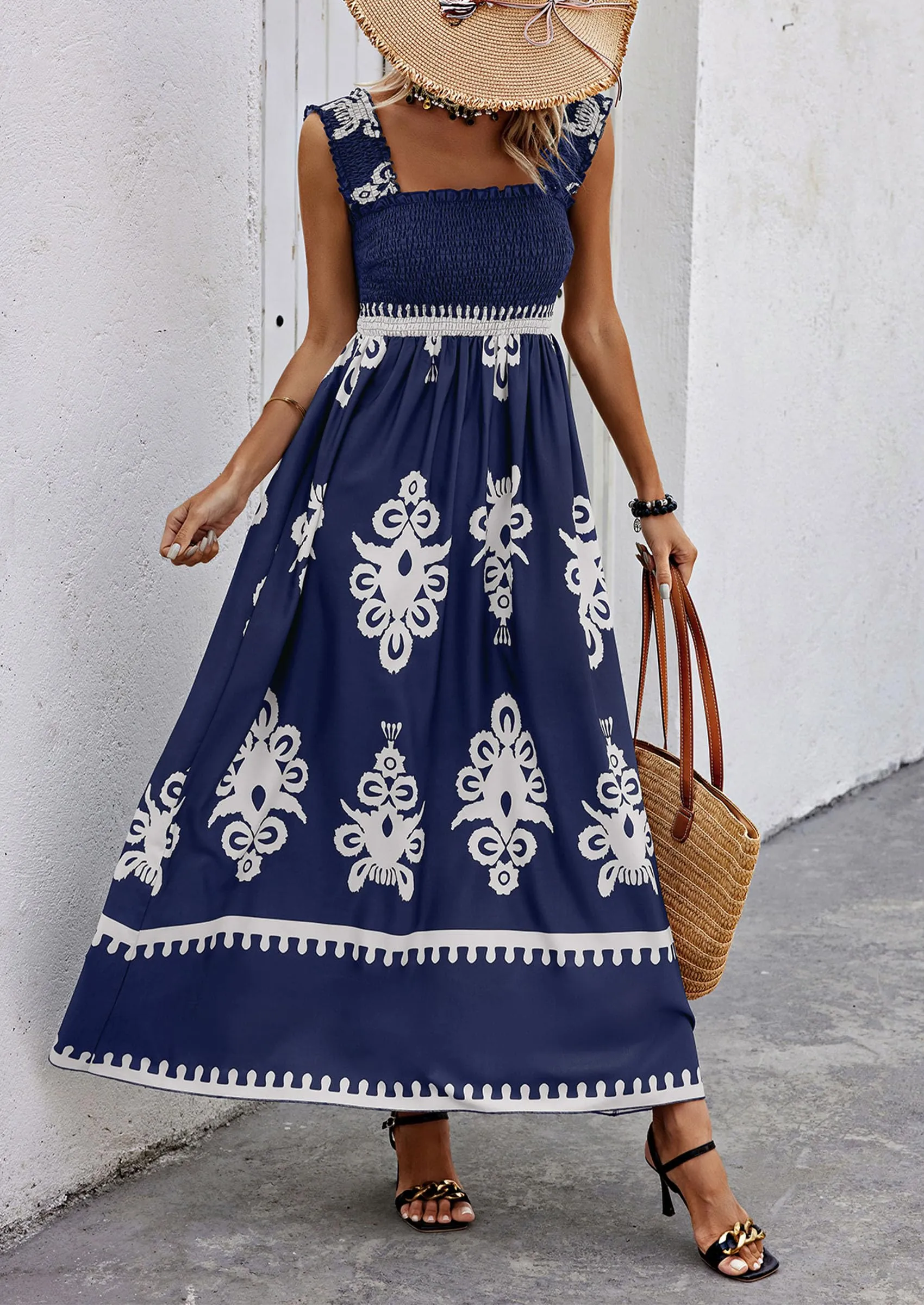 Boho Casual Sleeveless Square Neck Floral A Line Smocked Beach Maxi Dress with Pockets