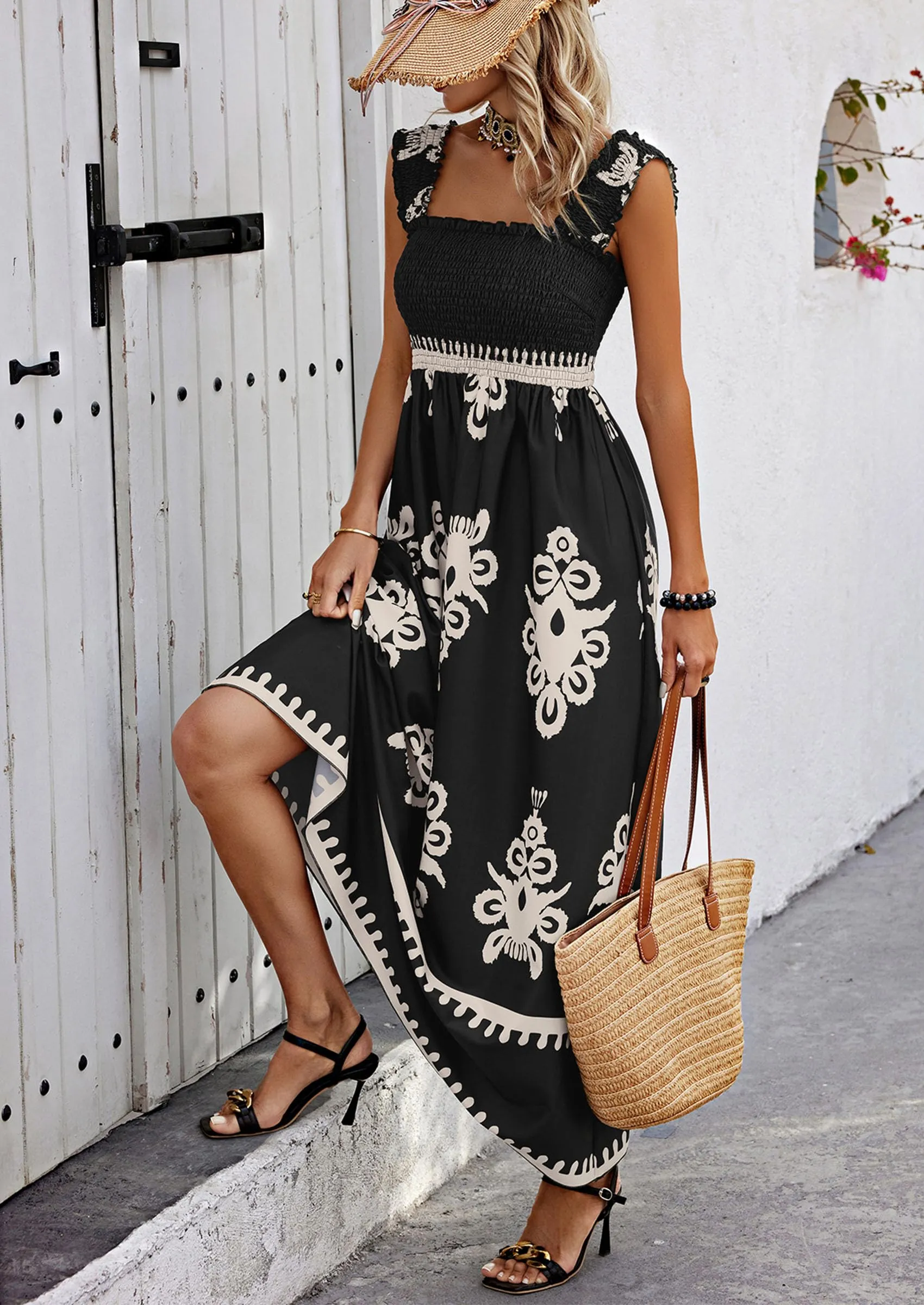 Boho Casual Sleeveless Square Neck Floral A Line Smocked Beach Maxi Dress with Pockets