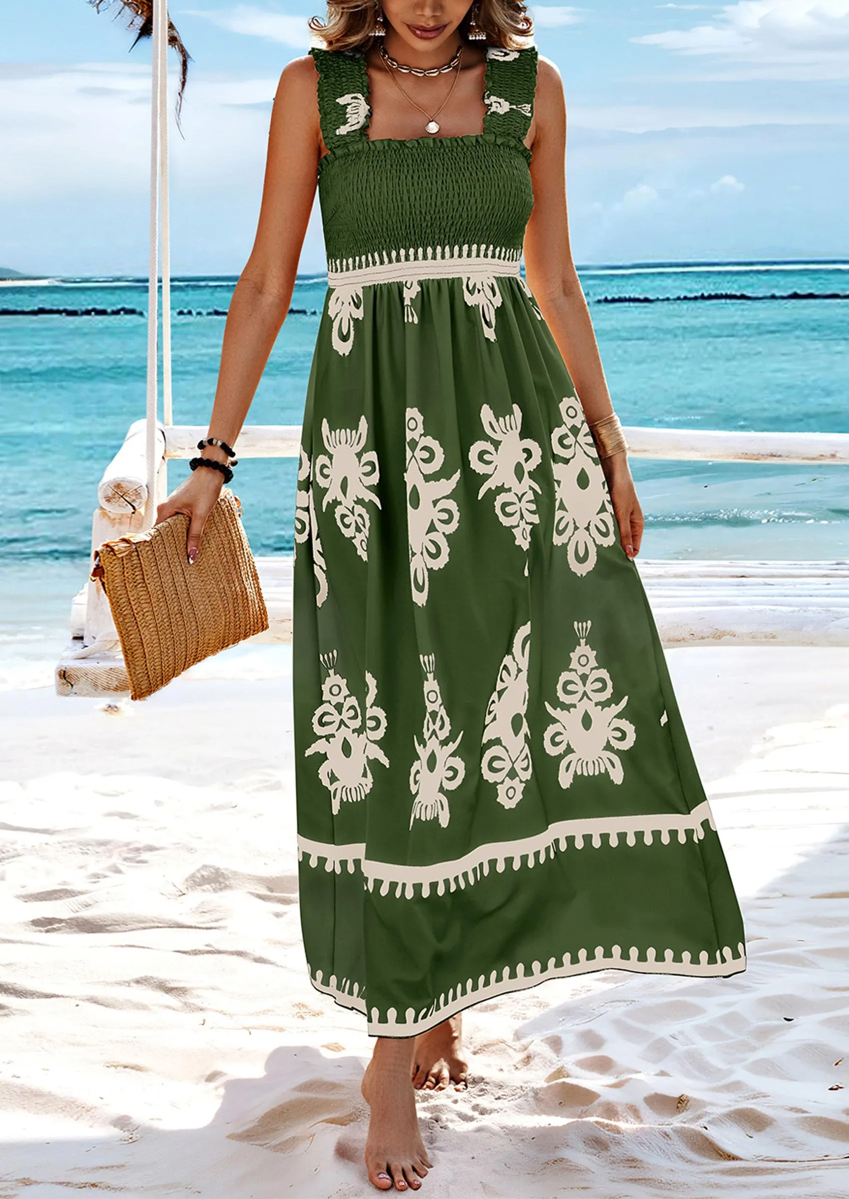 Boho Casual Sleeveless Square Neck Floral A Line Smocked Beach Maxi Dress with Pockets